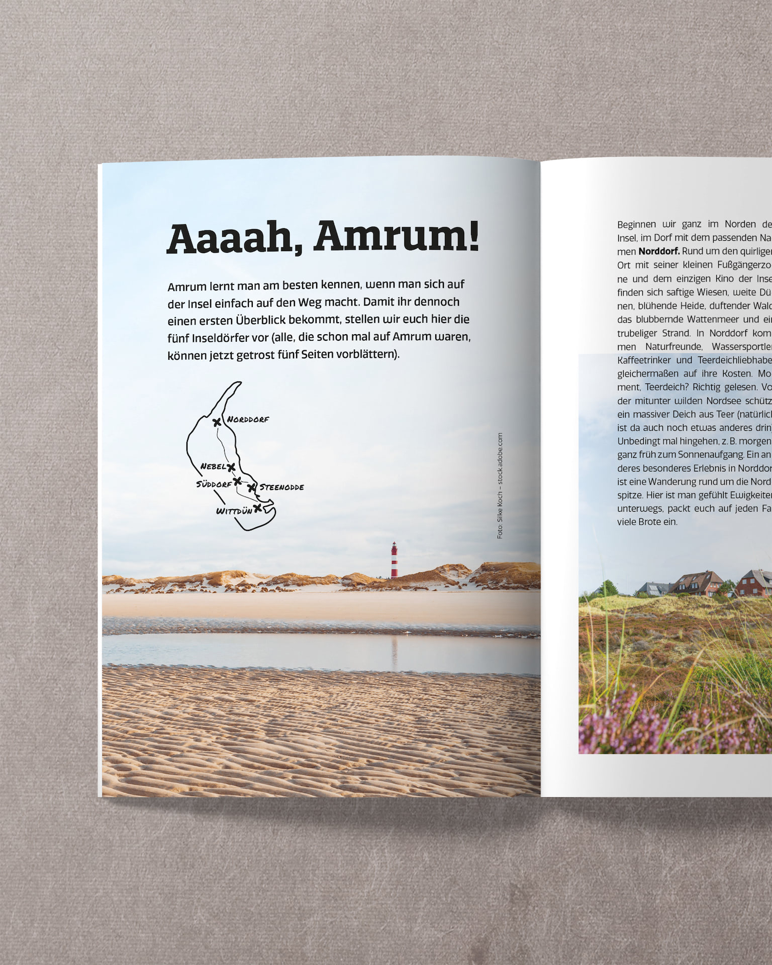 AMRUMZEIT Doppelseite &bdquo;Aaaah, Amrum!&ldquo; mit Inselkarte und Leuchtturm