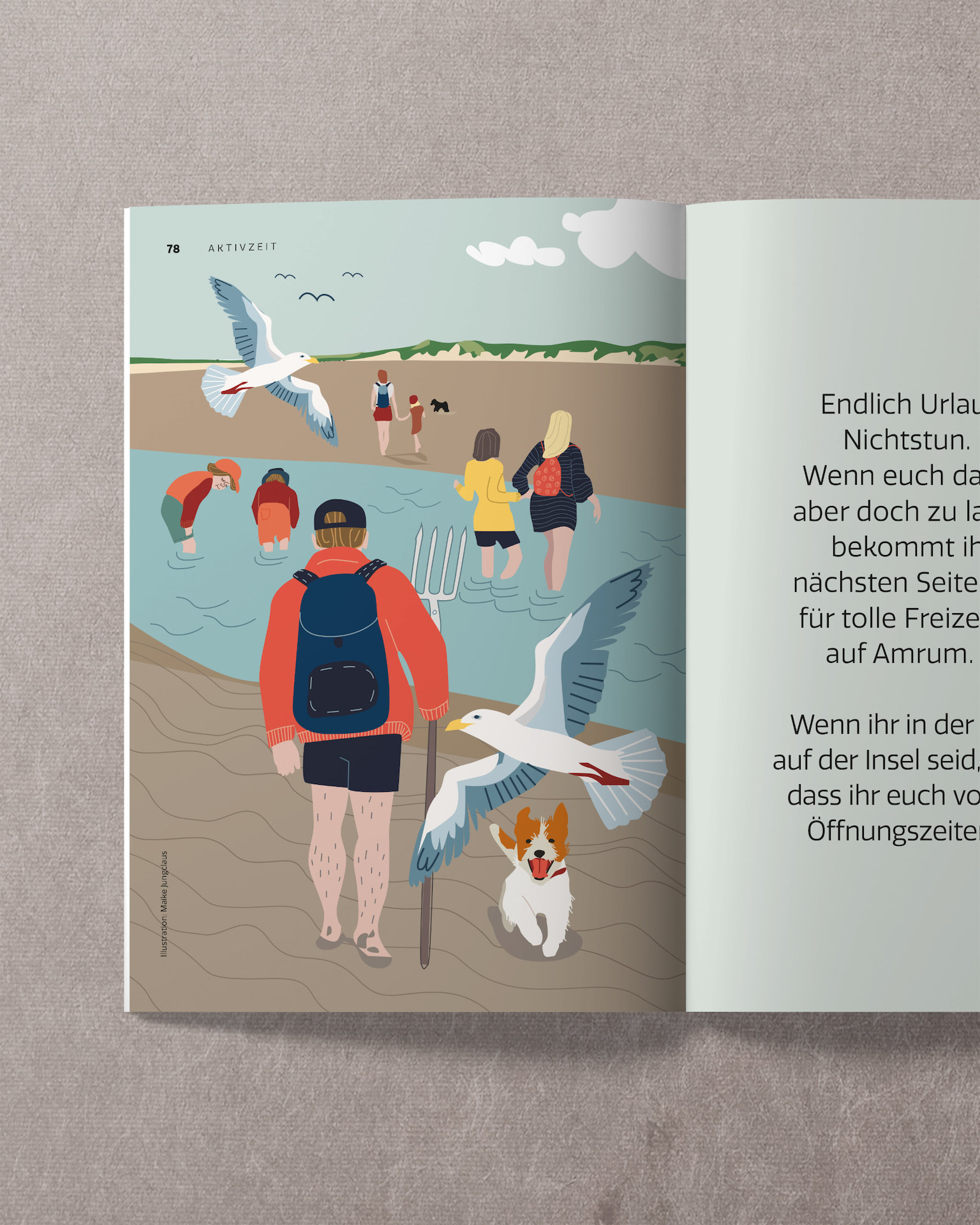 AMRUMZEIT Aktivzeit-Doppelseite mit Illustration einer Wattwanderung